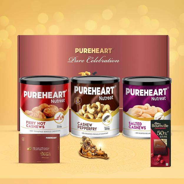 PUREHEART Pure Celebration Premium Diwali Gift Box | Dry Fruits Pack | Corporate Gift Hamper | Salted, Fiery Hot, Pepperfry Cashews | Chocolate | Card | Lord Ganesh Metal Diya | Festive Gifting