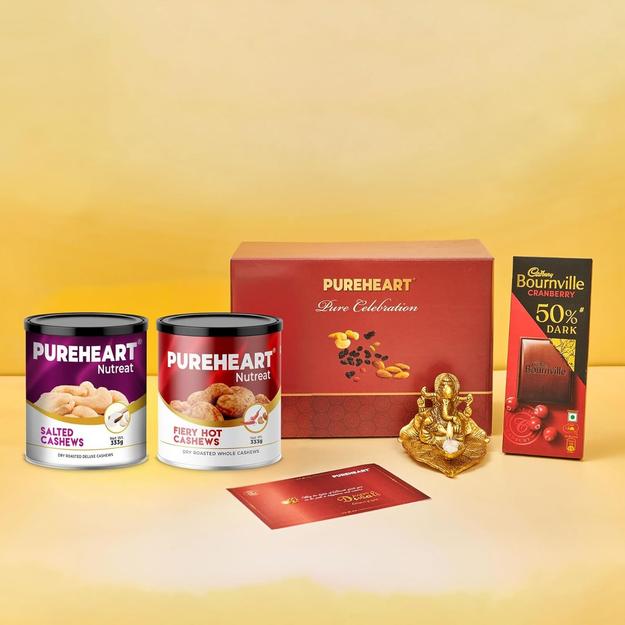 PUREHEART Pure Celebration Premium Diwali Gift Box | Dry Fruits Pack | Corporate Gift Hamper | Salted and Fiery Hot Cashews | Chocolate | Card | Decoration Lord Ganesh Metal Diya | Festive Gifting