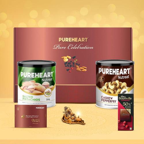 PUREHEART Pure Celebration Premium Diwali Gift Box | Dry Fruits Pack | Corporate Gift Hamper| Cashews Pepperfry, Salted Pistachios |Chocolate |Card |Decoration Lord Ganesh Metal Diya | Festive Gifting