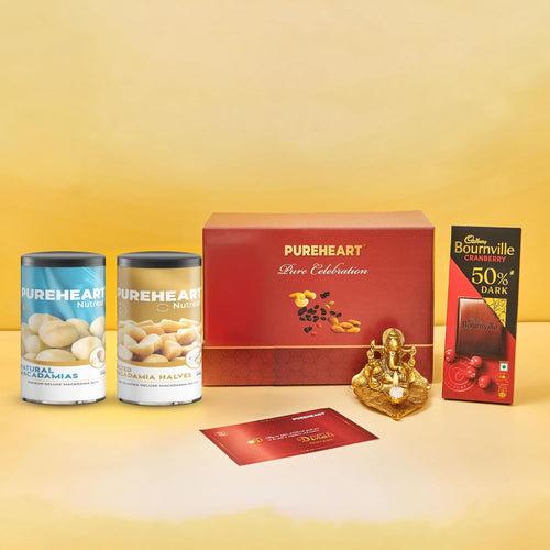 PUREHEART Pure Celebration Premium Diwali Gift Box | Dry Fruits Pack | Corporate Gift Hamper | Natural and Salted Macadamia | Chocolate | Card | Decoration Lord Ganesh Metal Diya | Festive Gifting