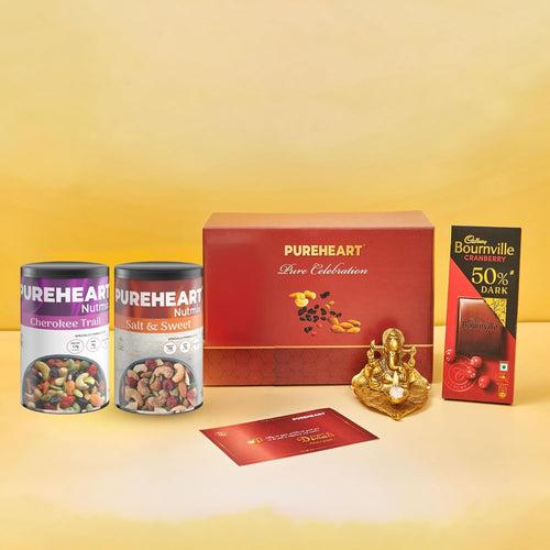 PUREHEART Pure Celebration Premium Diwali Gift Box | Dry Fruits Pack | Corporate Gift Hamper | Cherokee Trail Mix, Salt & Sweet Nutmix | Chocolate | Card | Lord Ganesh Metal Diya | Festive Gifting