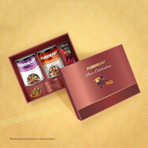 PUREHEART Pure Celebration Premium Diwali Gift Box | Dry Fruits Pack | Corporate Gift Hamper | Cherokee Trail Mix, Salt & Sweet Nutmix | Chocolate | Card | Lord Ganesh Metal Diya | Festive Gifting