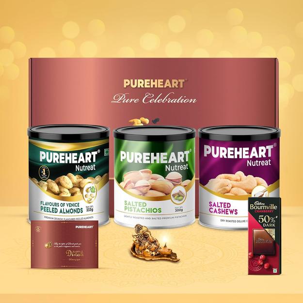 PUREHEART Pure Celebration Premium Diwali Gift Box | Dry Fruits Pack | Corporate Gift Hamper | Salted Cashews and Pistachios, Peeled Almonds| Chocolate |Card | Lord Ganesh Metal Diya | Festive Gifting