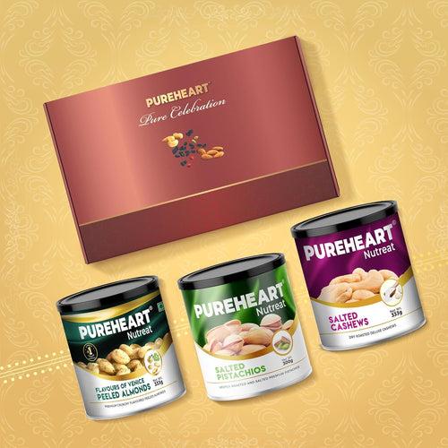 PUREHEART Pure Celebration Premium Diwali Gift Box | Dry Fruits Pack | Corporate Gift Hamper | Salted Cashews and Pistachios, Peeled Almonds| Chocolate |Card | Lord Ganesh Metal Diya | Festive Gifting