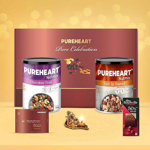 PUREHEART Pure Celebration Premium Diwali Gift Box | Dry Fruits Pack | Corporate Gift Hamper | Cherokee Trail Mix, Salt & Sweet Nutmix | Chocolate | Card | Lord Ganesh Metal Diya| Festive Gifting