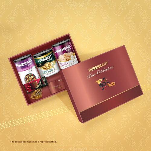 PUREHEART Pure Celebration Premium Diwali Gift Box |Dry Fruits Pack | Corporate Gift Hamper | Salted Cashews, Cherokee Trail Mix, Peeled Almond |Chocolate|Card| Lord Ganesh Metal Diya |Festive Gifting