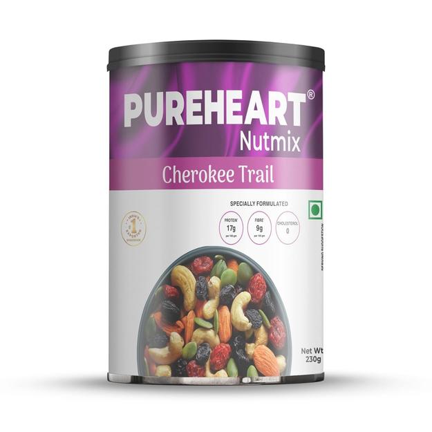 Pureheart Cherokee Premium Trail Mix | An Eclectic Mix of 8 Healthy Superfoods Nuts- Cashews, Almonds, Pistachio | Dry Fruits - Cranberries, Raisins | Seeds - Pumpkin, Sunflower | Reusable Jar (230gm)