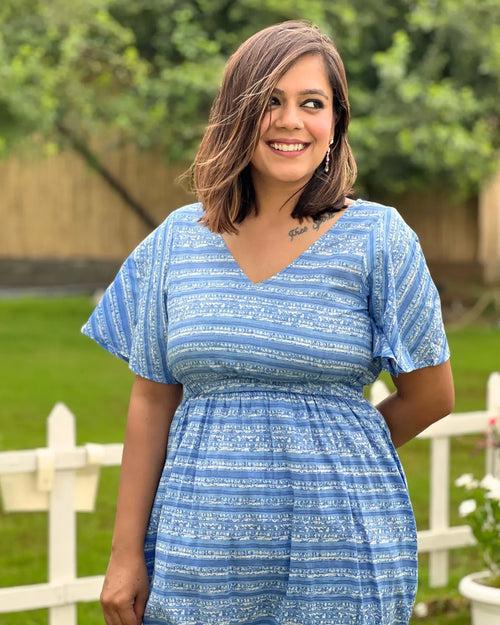 Blue Stripes Flared Sleeves Dress