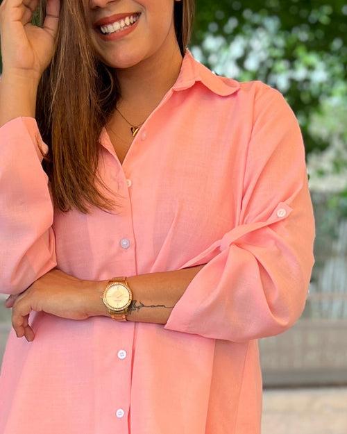 Pink Solid Aline Cotton Slub Shirt