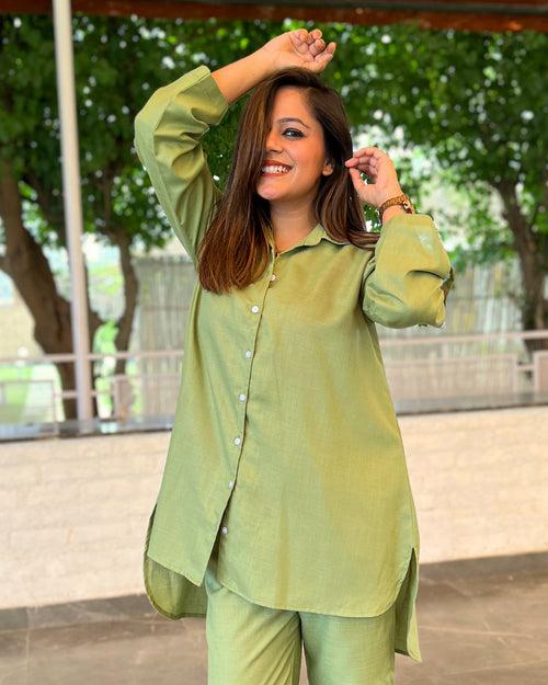 Pistachio Green Solid Aline Cotton Slub Shirt