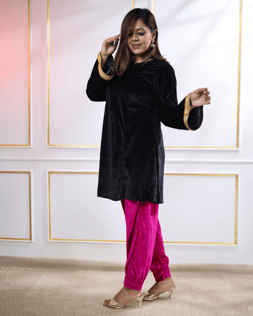 Black Velvet Aline Kurta With Gold Details