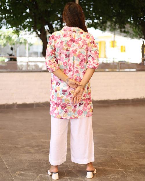 White Floral Printed Cotton Mul Shirt