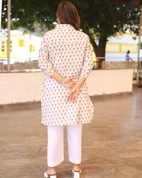 White & Pink Printed Cotton Aline Shirt