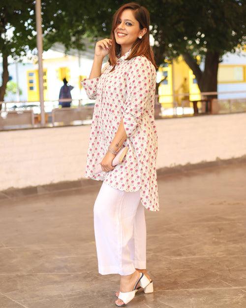 White & Pink Printed Cotton Aline Shirt