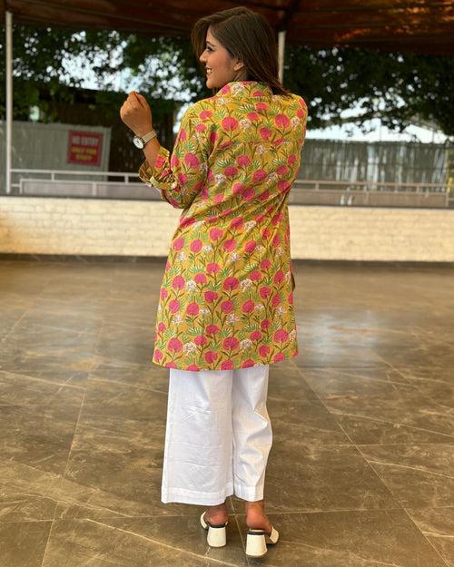 Dusty Mustard Floral Printed Long Cotton Aline Shirt