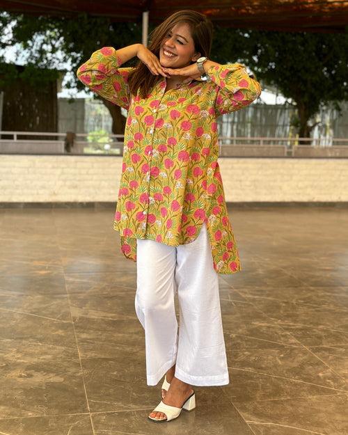 Dusty Mustard Floral Printed Long Cotton Aline Shirt