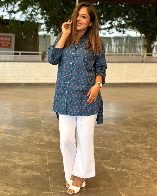 Indigo Floral Printed Cotton Aline Shirt