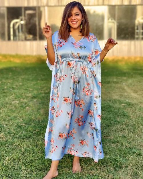 Light Blue Floral Long Kaftan