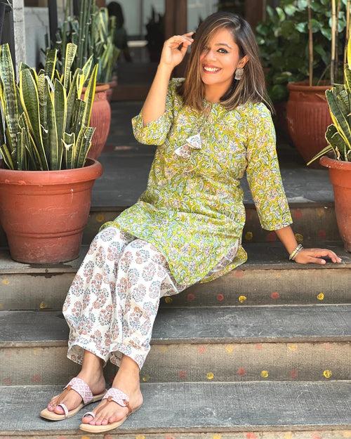 Pear Green Floral Printed Short Kurta Salwar