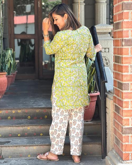 Pear Green Floral Printed Short Kurta Salwar