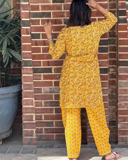 Yellow Floral Print Short Kurta Salwar