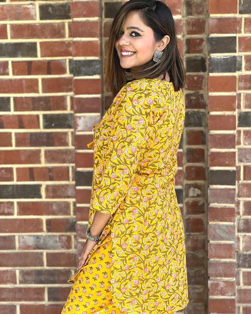 Yellow Floral Print Short Kurta Salwar