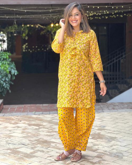 Yellow Floral Print Short Kurta Salwar