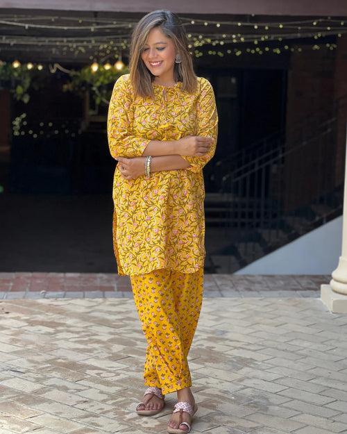 Yellow Floral Print Short Kurta Salwar