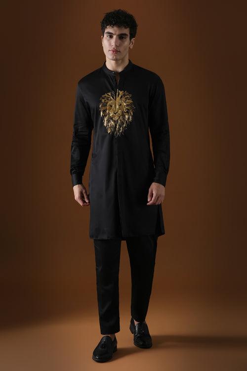 LION - HAND EMBROIDERED DESIGNER KURTA - BLACK