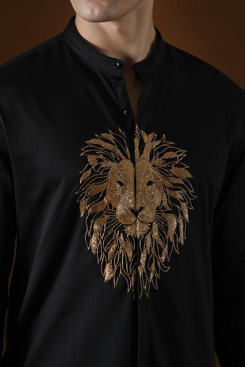 LION - HAND EMBROIDERED DESIGNER KURTA - BLACK