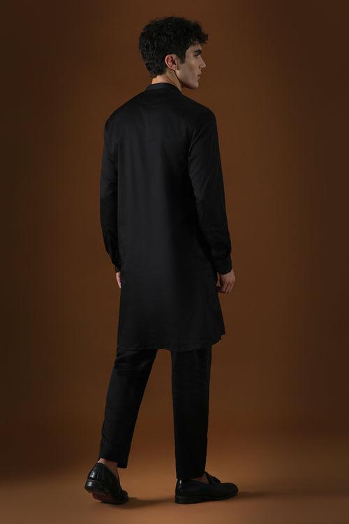 DEER IN THE WOODS  - HAND EMBROIDERED DESIGNER KURTA - BLACK