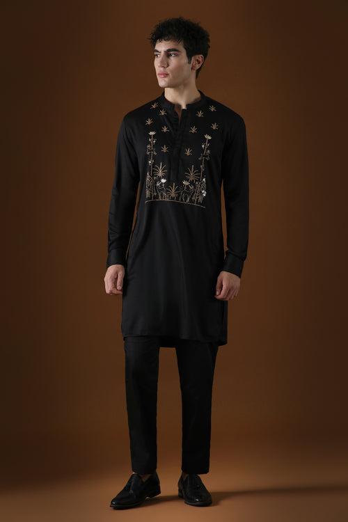 DEER IN THE WOODS  - HAND EMBROIDERED DESIGNER KURTA - BLACK