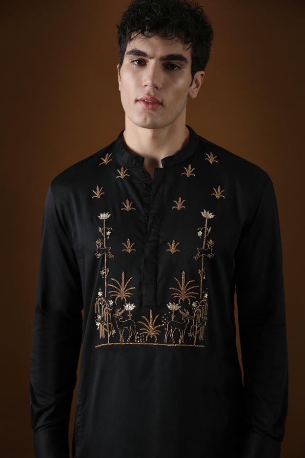 DEER IN THE WOODS  - HAND EMBROIDERED DESIGNER KURTA - BLACK