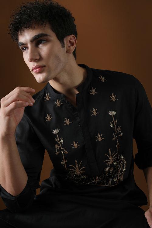 DEER IN THE WOODS  - HAND EMBROIDERED DESIGNER KURTA - BLACK