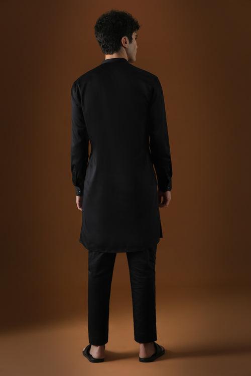 PEACOCK - HAND EMBROIDERED DESIGNER KURTA - BLACK