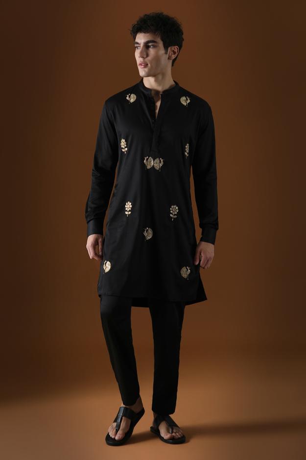 PEACOCK - HAND EMBROIDERED DESIGNER KURTA - BLACK