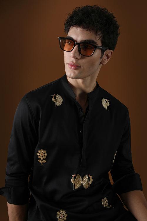 PEACOCK - HAND EMBROIDERED DESIGNER KURTA - BLACK