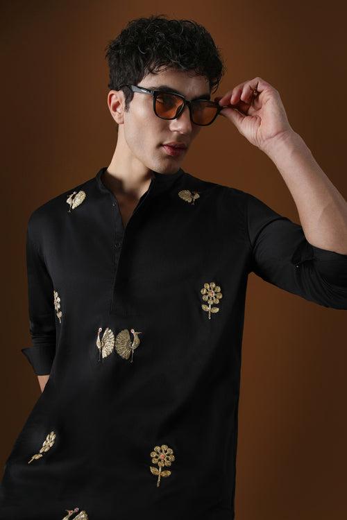 PEACOCK - HAND EMBROIDERED DESIGNER KURTA - BLACK