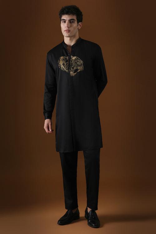 TIGER - HAND EMBROIDERED DESIGNER KURTA - BLACK