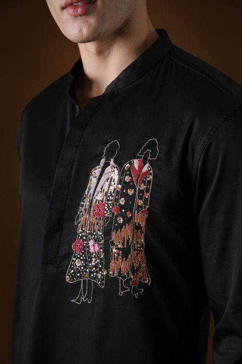 THE HUMANS - HAND EMBROIDERED DESIGNER KURTA - BLACK