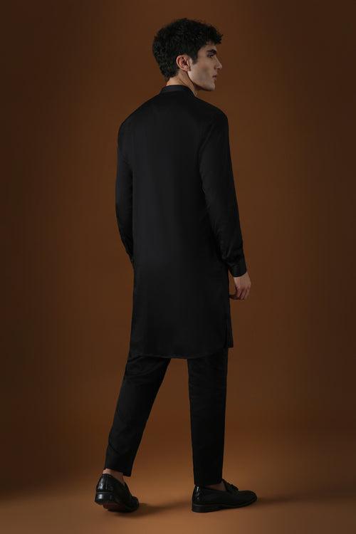 LOTUSES - HAND EMBROIDERED DESIGNER KURTA BLACK