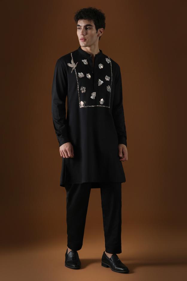 EGRET MIRROR YOKE - HAND EMBROIDERED DESIGNER KURTA - BLACK