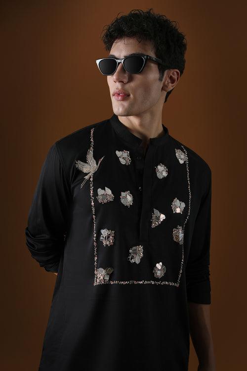 EGRET MIRROR YOKE - HAND EMBROIDERED DESIGNER KURTA - BLACK