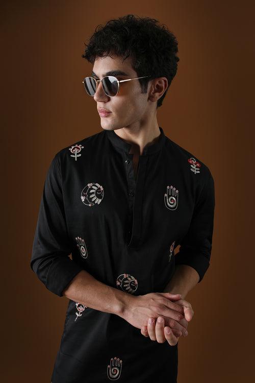 HAMSA - HAND EMBROIDERED DESIGNER KURTA - BLACK