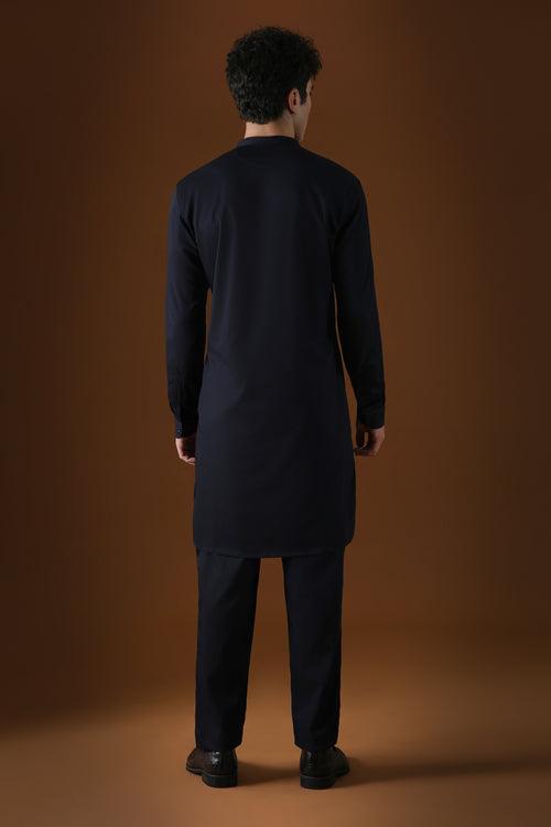 OCEANIC DEPTHS - HAND EMBROIDERED DESIGNER KURTA - NAVY