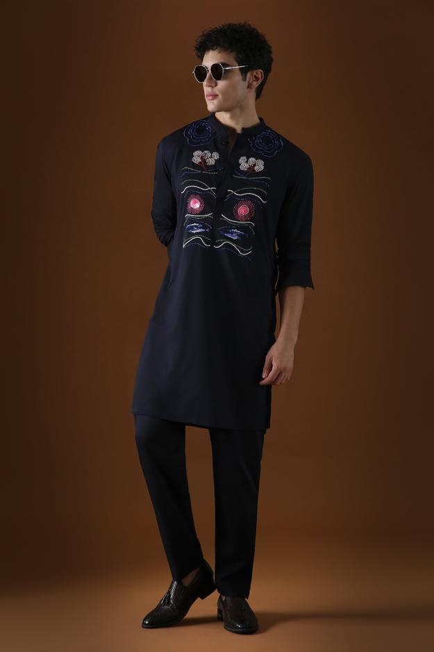 OCEANIC DEPTHS - HAND EMBROIDERED DESIGNER KURTA - NAVY