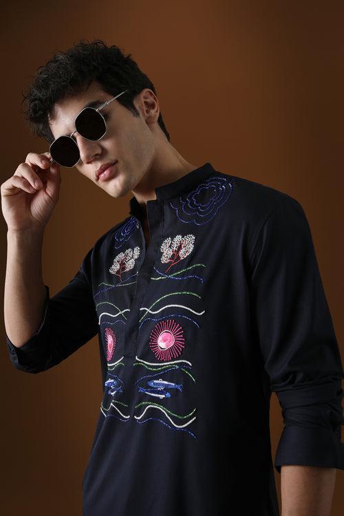 OCEANIC DEPTHS - HAND EMBROIDERED DESIGNER KURTA - NAVY