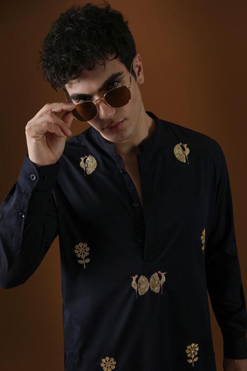 PEACOCK - HAND EMBROIDERED DESIGNER KURTA - NAVY