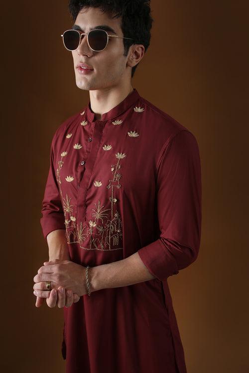 DEER IN THE WOODS - HAND EMBROIDERED DESIGNER KURTA - MAROON