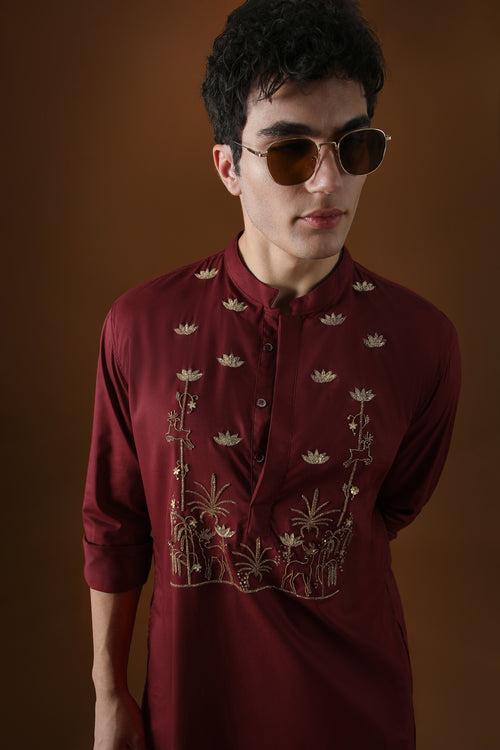 DEER IN THE WOODS - HAND EMBROIDERED DESIGNER KURTA - MAROON